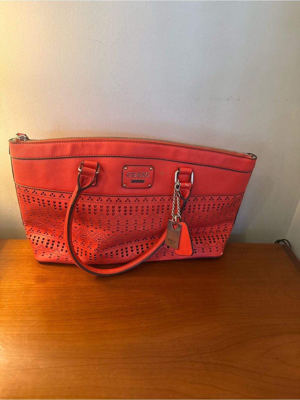 GUESS Coral-Red Laser Cut Tote